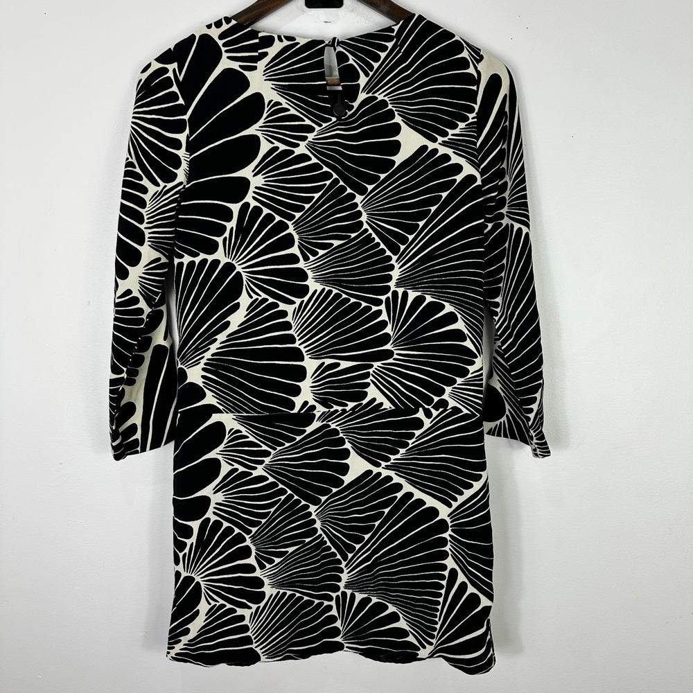 J.Crew Shift Dress Womens 2 Black Cream Fan Print 3/4 Sleeve Pockets Mod Retro - Picture 4 of 4